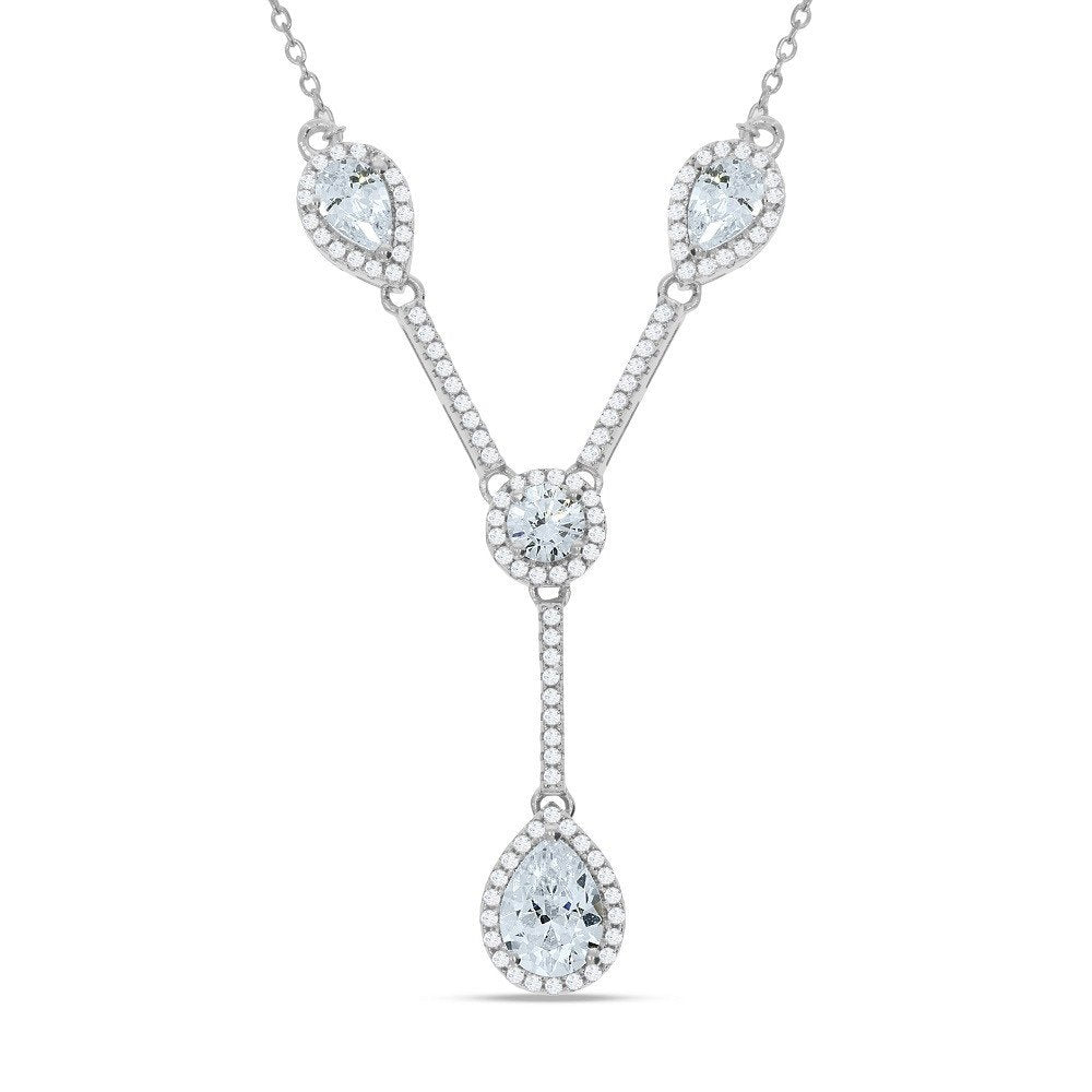 Silver Teardrop & Round Cubic Zirconia's Necklace 18" - Fine Necklace - Certified Authentic – Luxury Jewellery by Impe